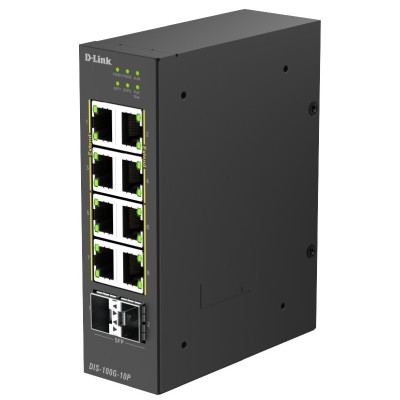 D-Link DIS-100G-10P 10-Port Unmanaged Industrial Gigabit PoE+ Switch, 2 SFP slots, Plug-and-play, Fanless, DIN-rail mount